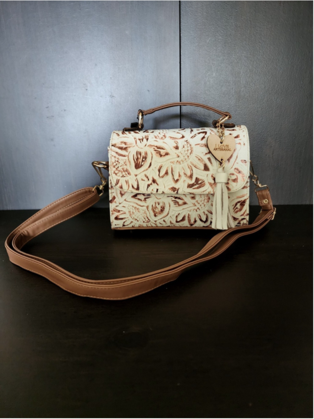 White Bronze Brown Sunflower Embossed Tooled Artisan Leather Crossbody Purse - Picture 15 of 16
